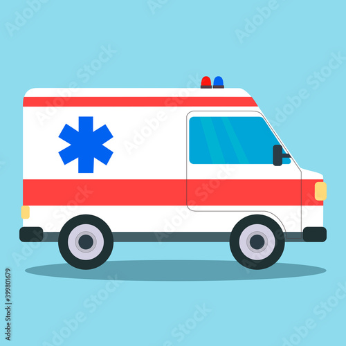 Ambulance van side view with blue and red siren light, object isolated on blue.