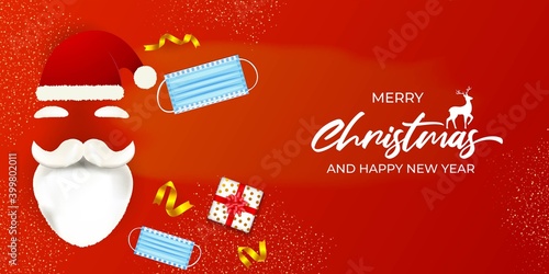 Vector illustration of Merry Christmas and Happy New Year concept greeting card with santa claus, face mask, snowflakes, gifts and ribbons, happy holiday wishes.