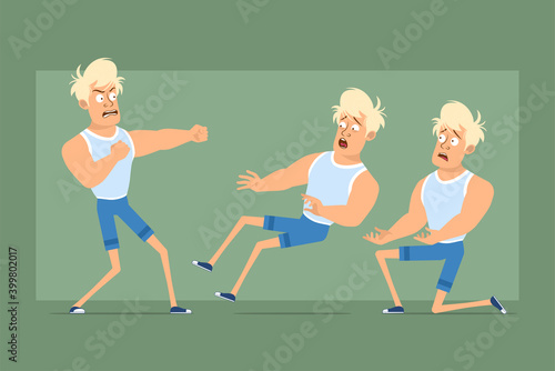 Cartoon flat funny strong blonde sportsman character in undershirt and shorts. Boy fighting, falling back and standing on knee. Ready for animation. Isolated on green background. Vector set.
