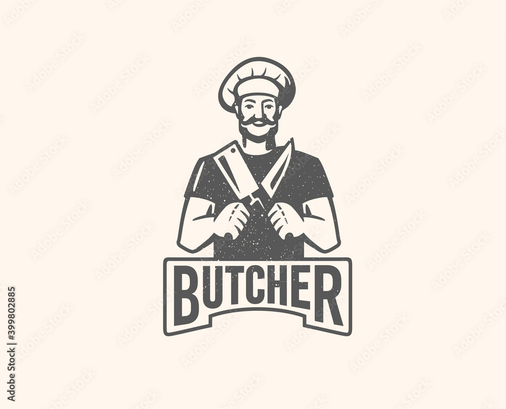 Butcher logo with text. Man with beard and large knife