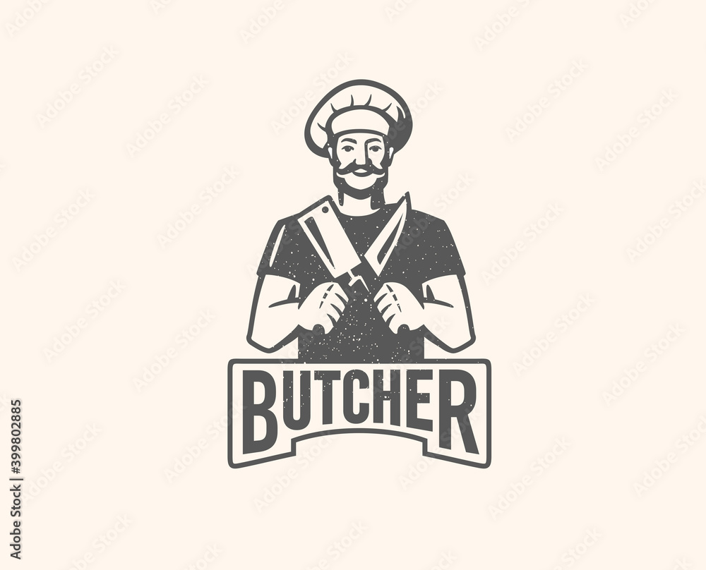 Butcher logo with text. Man with beard and large knife Butcher logo with text. Man with beard and large knife