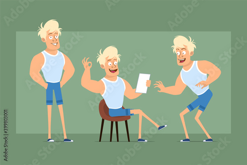 Cartoon flat funny strong blonde sportsman character in undershirt and shorts. Boy posing, sneaking and reading paper note. Ready for animation. Isolated on green background. Vector set.