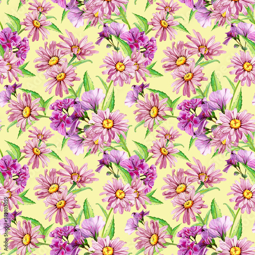 Spring floral seamless pattern made of chamomile and geranium buds. Hand drawn watercolor illustration on yellow background 