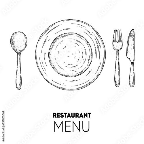 Plate, spoon, fork and knife sketch. Top view. Cutlery set. Hand drawn vector illustration. Vintage sketch. Table setting.