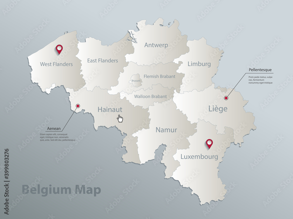 Belgium map, administrative division with names, blue white card paper 3D vector