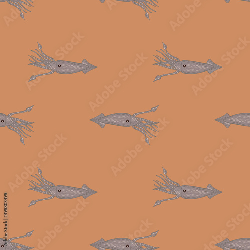 Underwater seamless pattern with grey simple squid silhouettes. Beige background.
