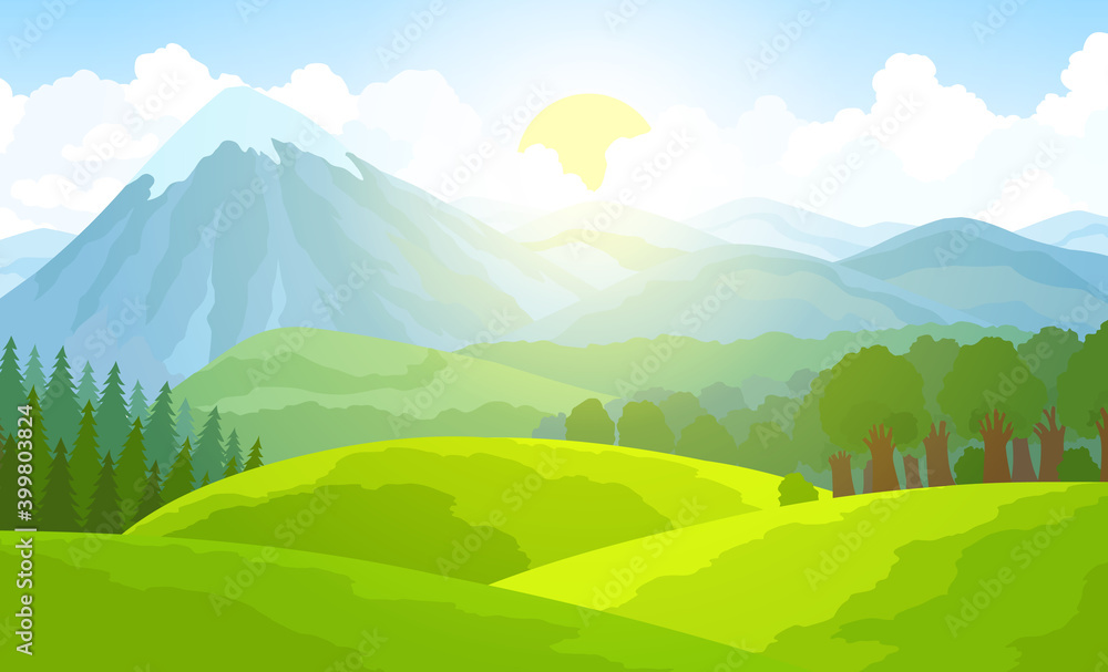Summer mountain landscape. Green valley illustration.
