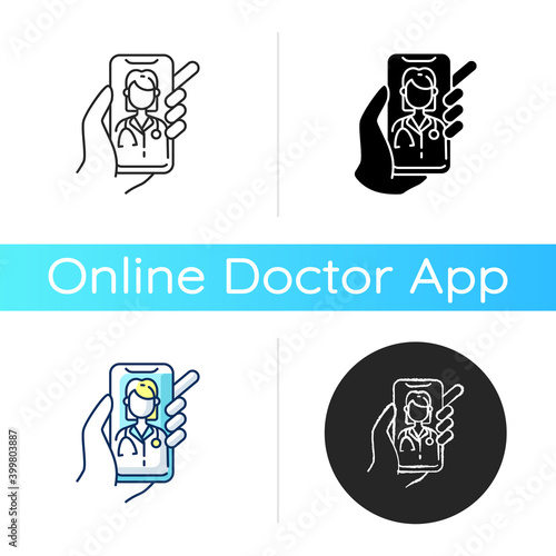 Video consultation icon. Virtual visits with board-certified doctors. Video appointment. Trustworthy advice from expert. Linear black and RGB color styles. Isolated vector illustrations