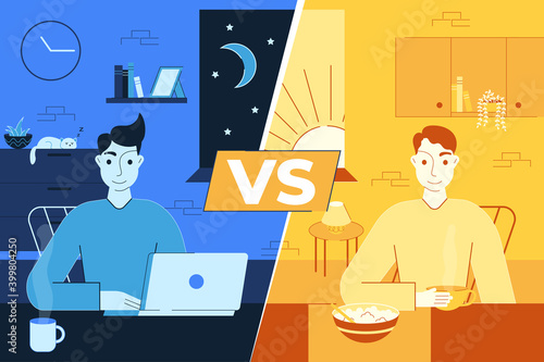 Vector illustration of Early Bird vs Night Owl