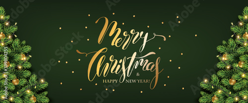 Vector Christmas tree with gold ornaments and holiday lights decoration. Merry Christmas calligraphy lettering card. Happy Holidays Poster with greeting text and christmas tree border