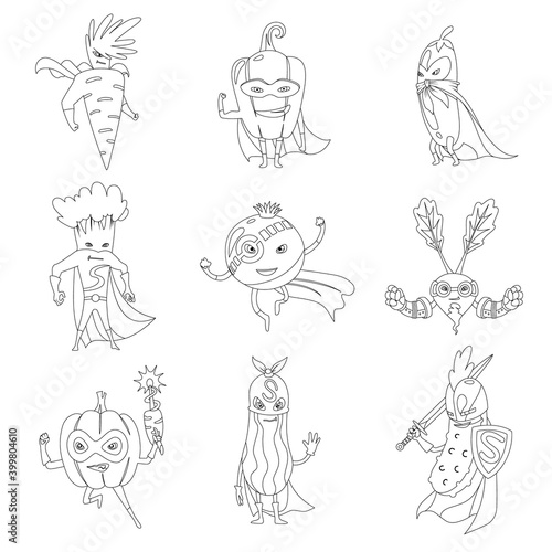 Superhero Vegetables In Masks And Capes Set Of Cute Childish Cartoon Humanized Characters In Costumes coloring book. Useful vitamins, healthy eating.