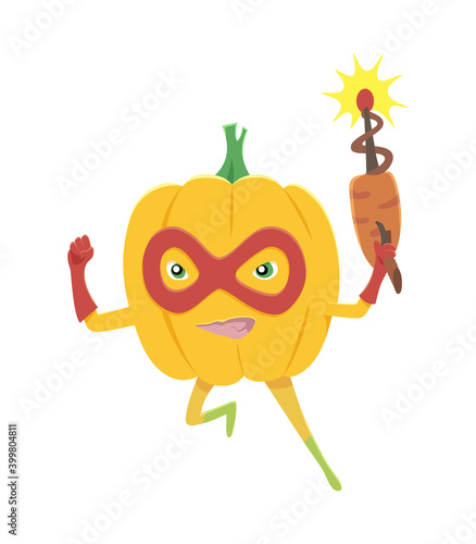 Fényképezés Cheerful cartoon character of superhero pumpkin with laser gun.