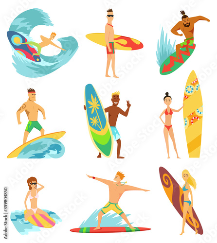 Surfboarders riding on waves set, surfer men with surfboards in different poses Illustrations.
