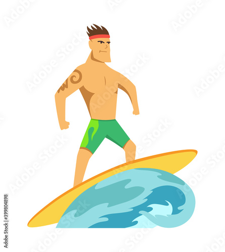 Young man surfboarder riding a surfboard in the wave illustartion.