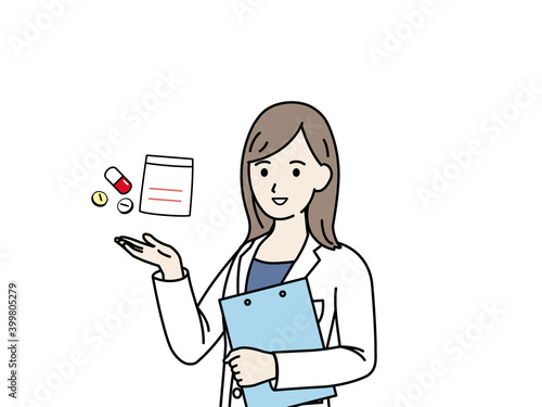 医者　薬剤師　白衣を着た女性　薬を出す