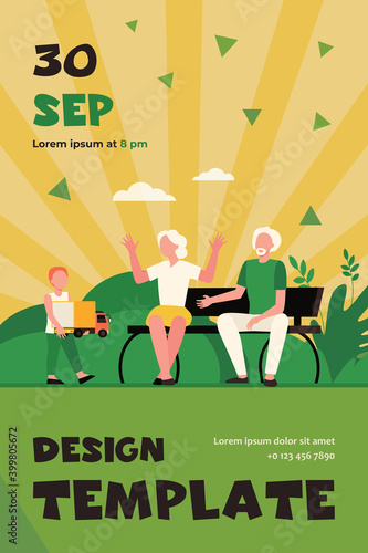 Senior couple looking after grandson outdoors. Boy carrying toy to grandparents flat vector illustration. Family, generation, grandchildren concept for banner, website design or landing web page