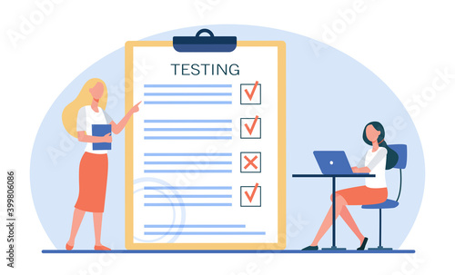 Female student passing exam and checking answers. Teacher, test, laptop flat vector illustration. Education and examination concept for banner, website design or landing web page