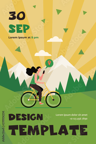 Woman riding bike by mountains. Girl cycling and consulting location app on cell flat vector illustration. Activity, path searching concept for banner, website design or landing web page