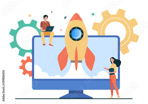 Tiny character launching startup rocket. Monitor, computer, idea flat vector illustration. Business and development concept for banner, website design or landing web page