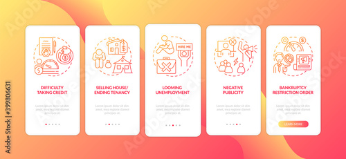 Bankruptcy negative impact red onboarding mobile app page screen with concepts. Difficulty taking credit walkthrough 5 steps graphic instructions. UI vector template with RGB color illustrations