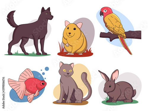Funny pets vector illustrations set and other home animals