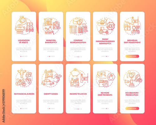 Bankruptcy red onboarding mobile app page screen with concepts. Debtor income. Financial burden during pandemy walkthrough 5 steps graphic instructions. UI vector template with RGB color illustrations