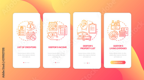 Creditor and debtor red onboarding mobile app page screen with concepts. Banking, accounting. Financial crisis walkthrough 5 steps graphic instructions. UI vector template with RGB color illustrations