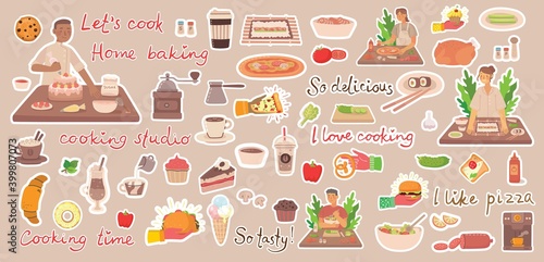 Young boy and girl cooking in the kitchen at home. Cooking stickers vector concept icons