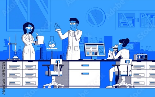 Scientific laboratory illustration in line art vector
