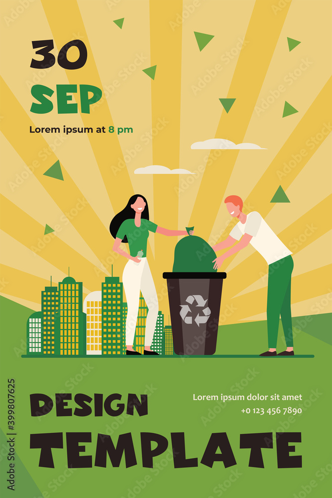 Couple of volunteers collecting garbage. People placing bag with trash into bin flat vector illustration. Waste reducing, volunteering, recycling concept for banner, website design or landing web page Couple of volunteers collecting garbage. People placing bag with trash into bin flat vector illustration. Waste reducing, volunteering, recycling concept for banner, website design or landing web page