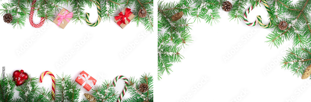 Christmas Frame of Fir tree branch with candy canes and boxes isolated on white background with copy space for your text. Set or collection
