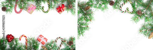 Christmas Frame of Fir tree branch with candy canes and boxes isolated on white background with copy space for your text. Set or collection