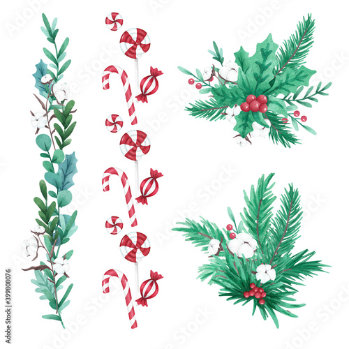 Christmas flower borders, watercolor illustration with flowers, leaves and candies