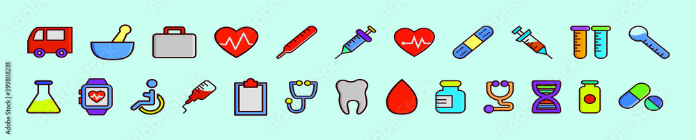 set of medical cartoon icon design template with various models. vector illustration isolated on blue background