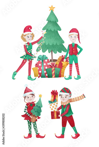 Christmas scene, watercolor illustration with Christmas elves