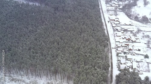 Flight over a dense pine forest with a felling zone near residential areas. Deforestation zone on the edge of the forest near the village in winter in snowy weather - reveal drone shot.