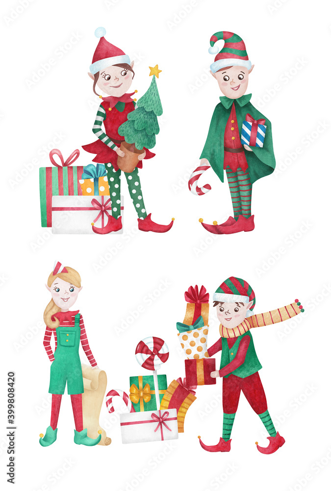 Christmas scene, watercolor illustration with Christmas elves Stock ...