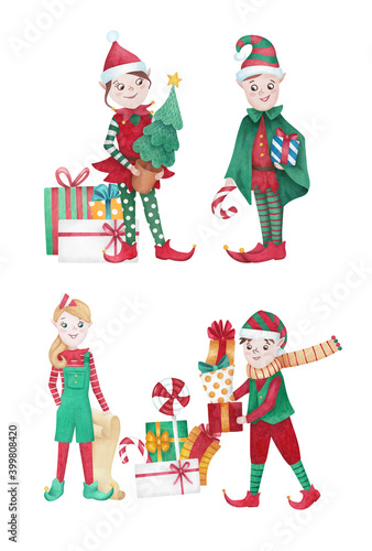 Christmas scene, watercolor illustration with Christmas elves