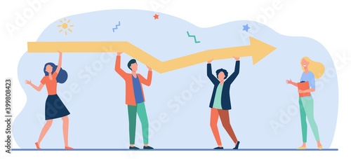 Tiny characters holding huge arrow together. Growth, coworking, help flat vector illustration. Teamwork or achievement concept for banner, website design or landing web page