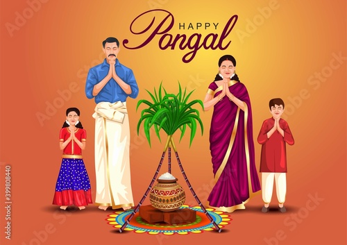 Happy Pongal celebration with sugarcane, Rangoli and pot of rice. Tamil family offering prayers. Indian cultural festival celebration concept illustration vector design.