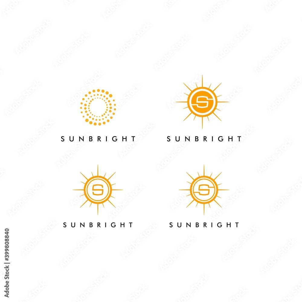 Fototapeta premium Sun logo design with letter s and abstract sunshine symbol bright yellow orange summer illustration vector icon for nature weather sign art and isolated sunny concept