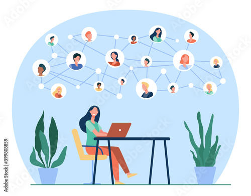 Happy woman chatting with friends online. Laptop, social media, desk flat vector illustration. Network and communication concept for banner, website design or landing web page
