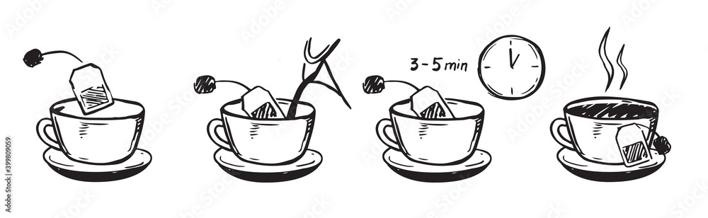 Steps how to brew tea. Vector illustration hand drawn style isolated on white background. Steps how to brew tea. Vector illustration hand drawn style isolated on white background.