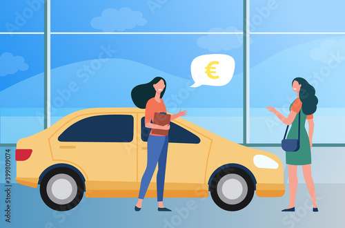 Happy woman buying new car in automobile store. Retail, vehicle, sale flat vector illustration. Transport and marketing concept for banner, website design or landing web page