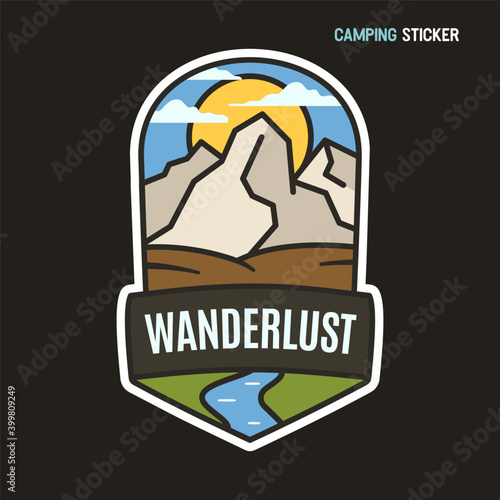 Camping adventure sticker design. Travel hand drawn logo emblem. State park label isolated. Stock vector wanderlust graphics