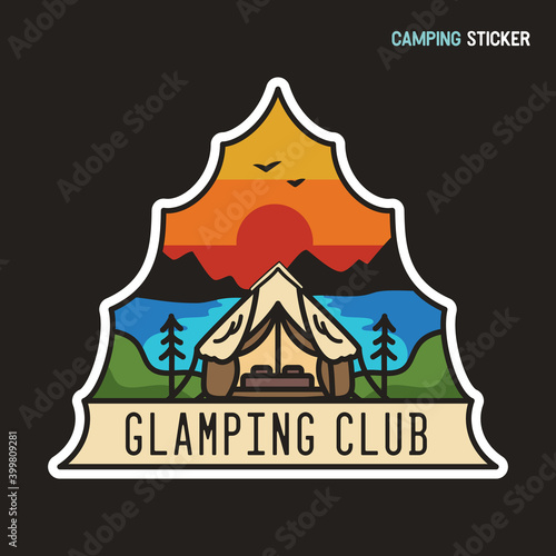 Camping adventure sticker design. Travel hand drawn logo emblem. State park label isolated. Stock vector glamping graphics