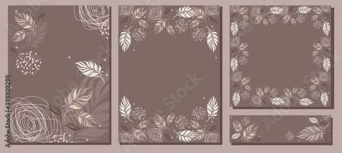 trendy set of creative compositions, cards, backgrounds, feathers, leaves, craft, vintage, beige, leaves, natural, natural, eco