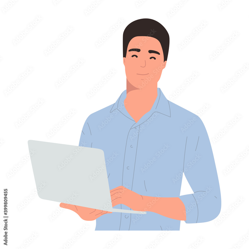 Guy with laptop, portrait. Flat illustration isolated on white background