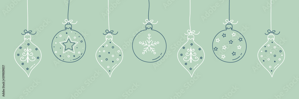 Hanging Christmas balls with hand drawn decorations. Vector - obrazy, fototapety, plakaty 