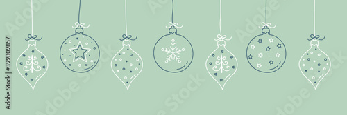 Hanging Christmas balls with hand drawn decorations. Vector